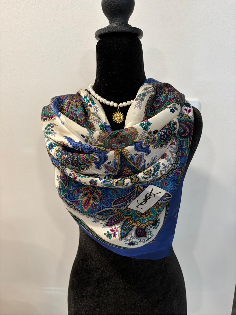 YSL Silk Scarf Blue White Paisley Logo 41 Inch Hand Rolled - Picture 4 of 11